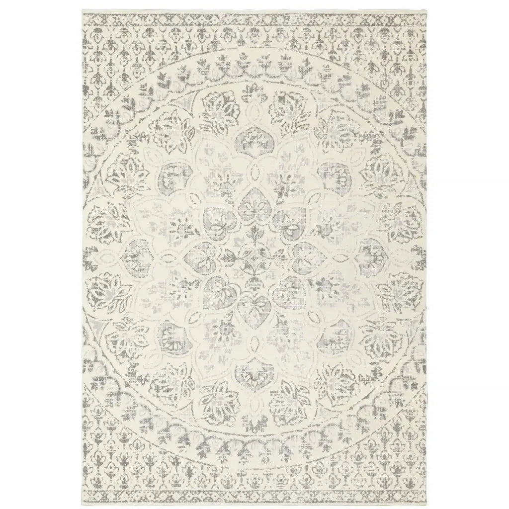 10' X 13' Ivory And Grey Floral Power Loom Stain Resistant Area Rug - Homeroots - Flyclothing LLC