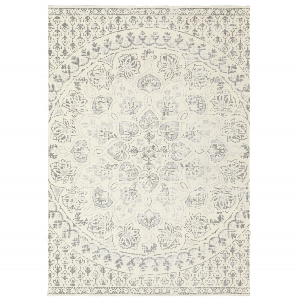 10' X 13' Ivory And Grey Floral Power Loom Stain Resistant Area Rug - Homeroots
