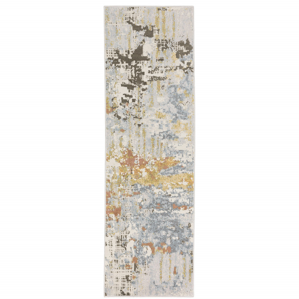 2' X 8' Grey Blue Beige Gold And Rust Abstract Power Loom Stain Resistant Runner Rug - Homeroots