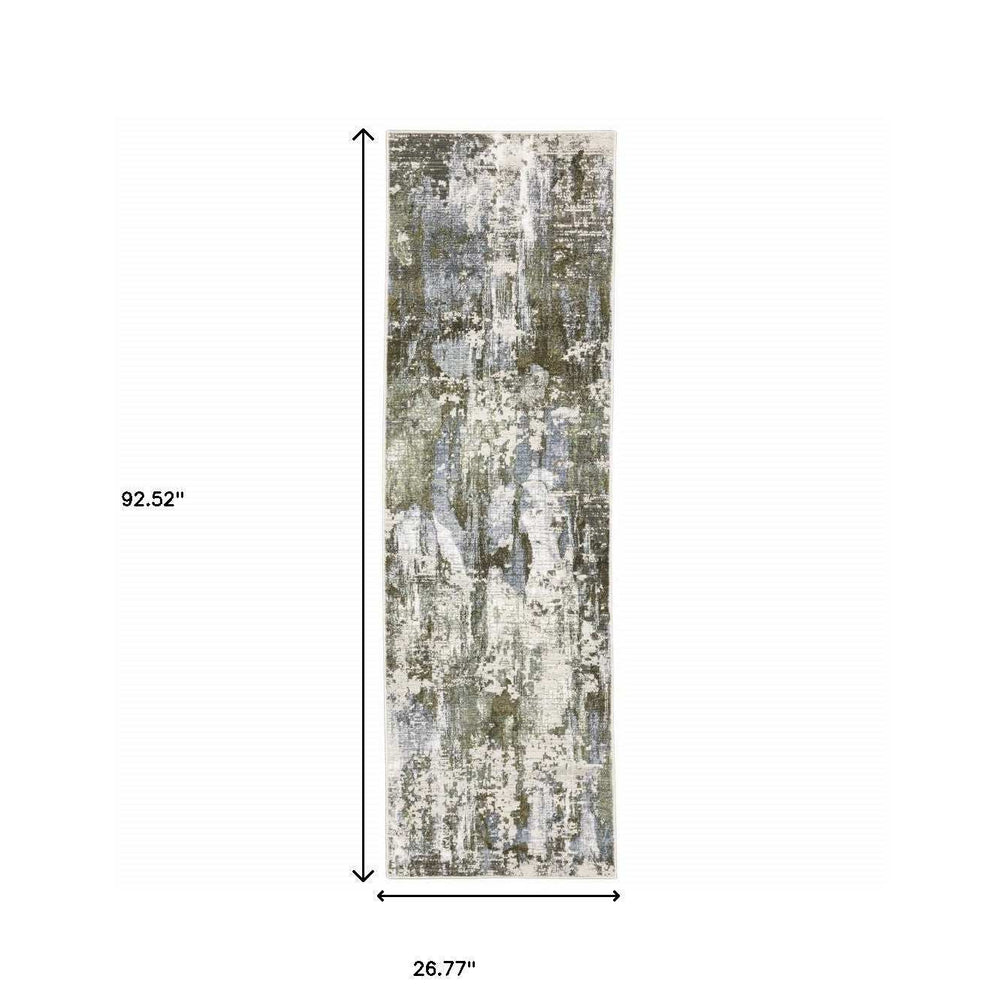 2' X 8' Green Blue Grey Ivory And Brown Abstract Power Loom Stain Resistant Runner Rug - Homeroots - Flyclothing LLC