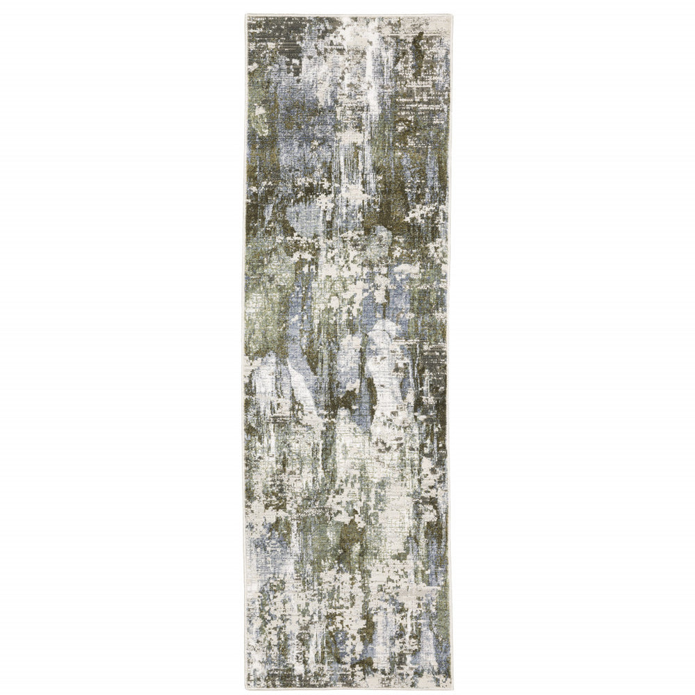 2' X 8' Green Blue Grey Ivory And Brown Abstract Power Loom Stain Resistant Runner Rug - Homeroots