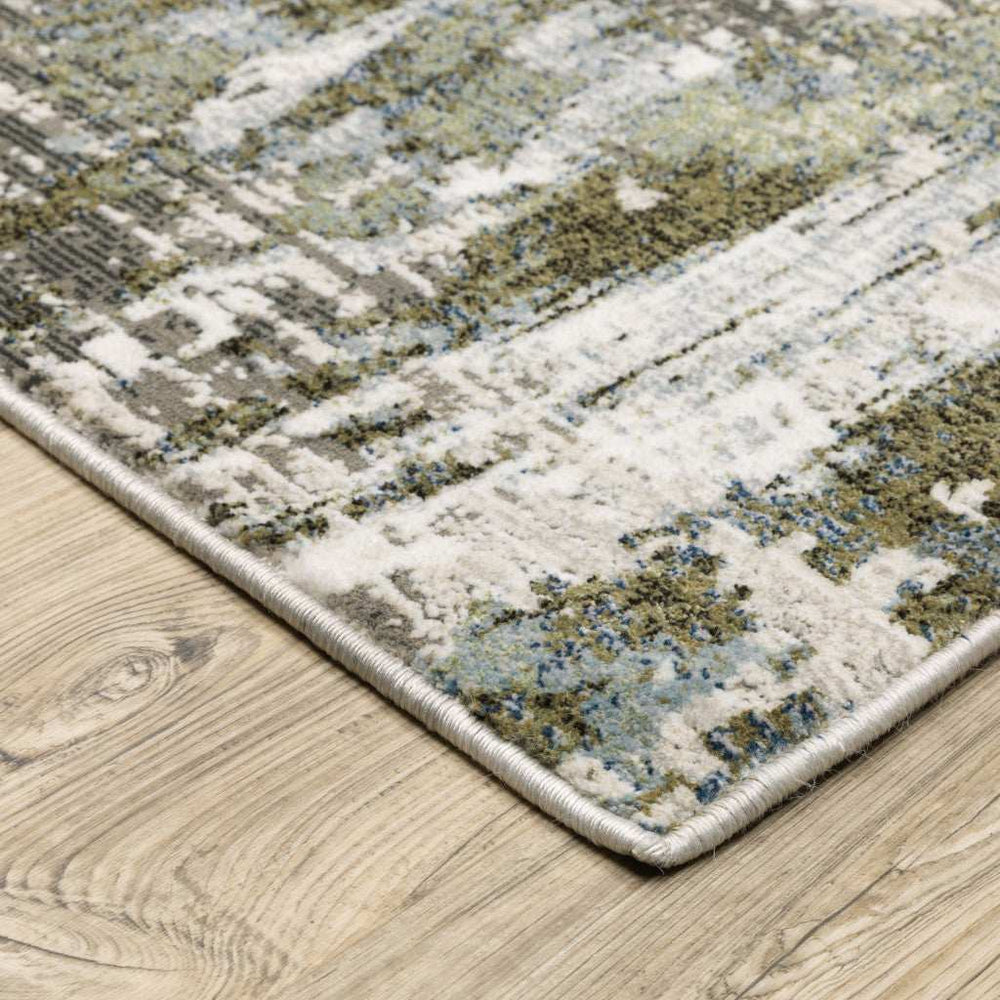 2' X 8' Green Blue Grey Ivory And Brown Abstract Power Loom Stain Resistant Runner Rug - Homeroots - Flyclothing LLC