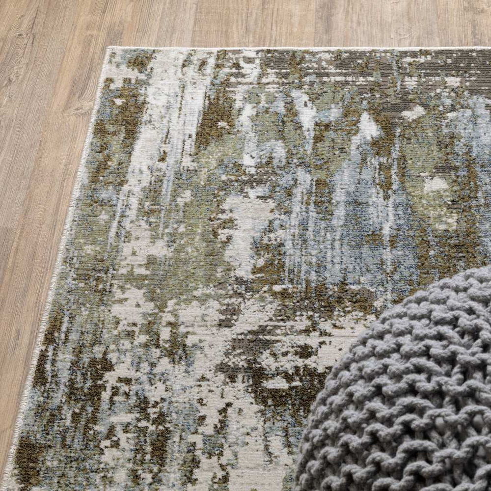 2' X 8' Green Blue Grey Ivory And Brown Abstract Power Loom Stain Resistant Runner Rug - Homeroots - Flyclothing LLC