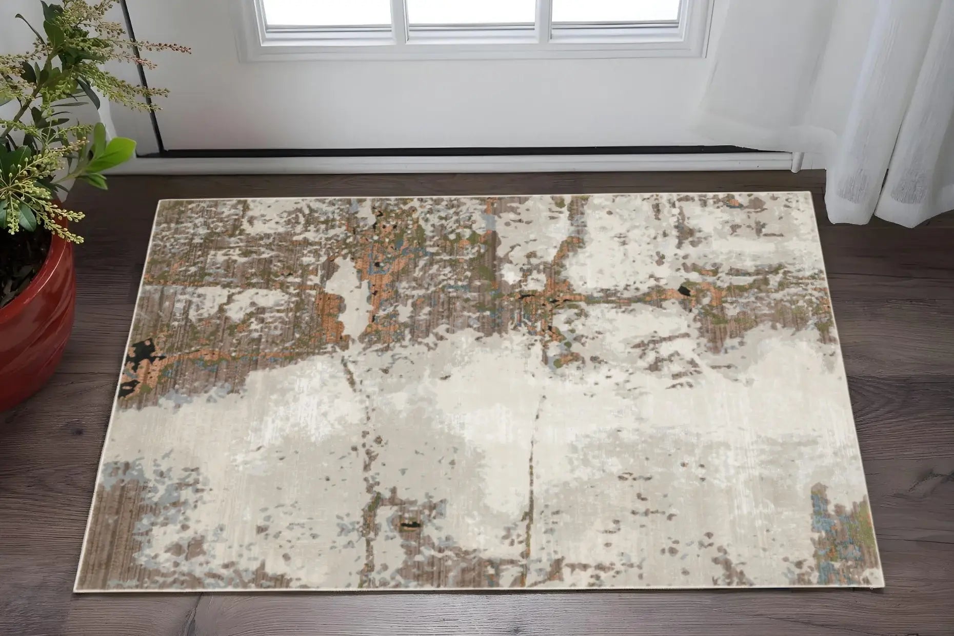 3' X 5' Grey Salmon Pink Blue Beige And Green Abstract Power Loom Stain Resistant Area Rug - Homeroots - Flyclothing LLC