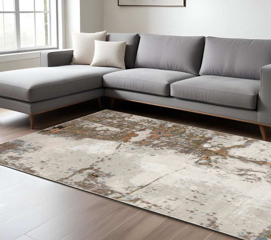8' X 11' Grey Salmon Pink Blue Beige And Green Abstract Power Loom Stain Resistant Area Rug - Homeroots - Flyclothing LLC