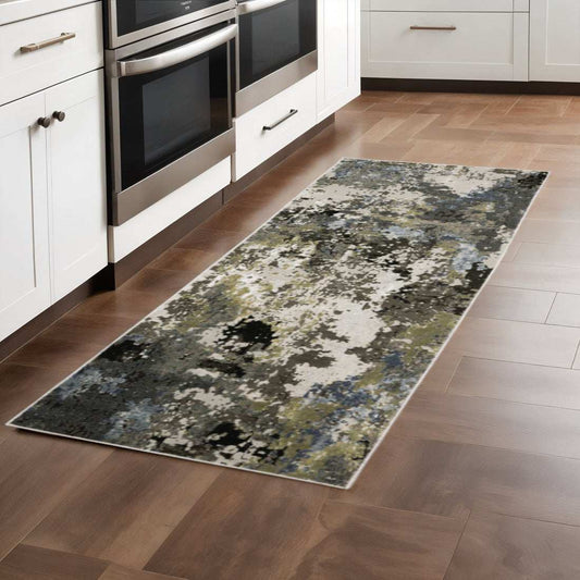 2' X 8' Grey Green Gold Blue And Beige Abstract Power Loom Stain Resistant Runner Rug - Homeroots - Flyclothing LLC