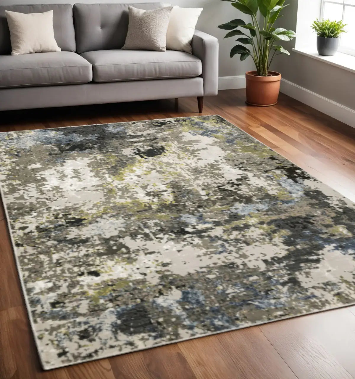 5' X 8' Grey Green Gold Blue And Beige Abstract Power Loom Stain Resistant Area Rug - Homeroots - Flyclothing LLC