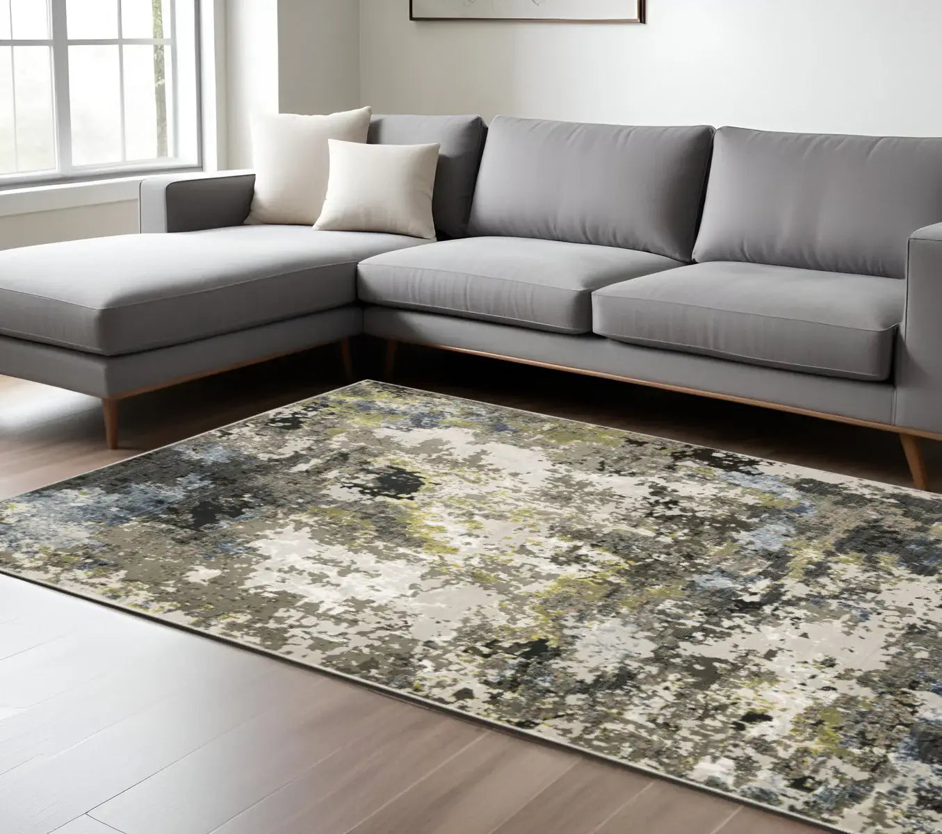 8' X 11' Grey Green Gold Blue And Beige Abstract Power Loom Stain Resistant Area Rug - Homeroots - Flyclothing LLC