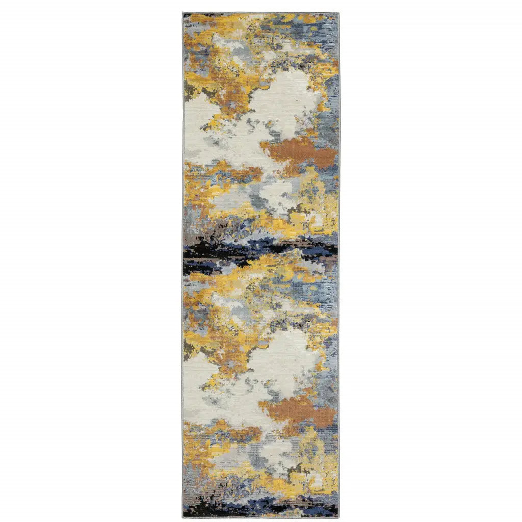 2' X 8' Yellow Gold Blue Grey Brown And Beige Abstract Power Loom Stain Resistant Runner Rug - Homeroots - Flyclothing LLC