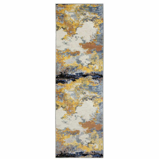 2' X 8' Yellow Gold Blue Grey Brown And Beige Abstract Power Loom Stain Resistant Runner Rug - Homeroots - Flyclothing LLC