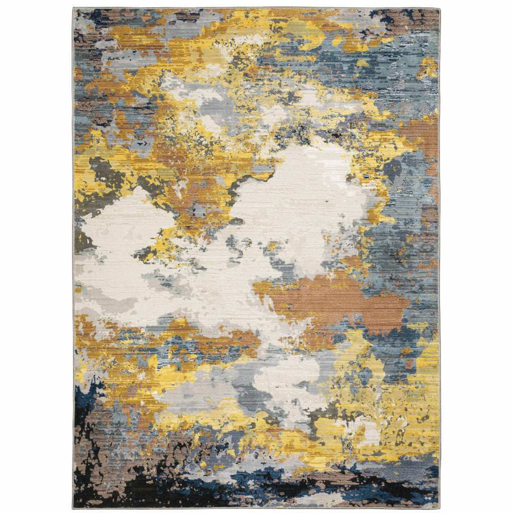 6' X 9' Yellow Gold Blue Grey Brown And Beige Abstract Power Loom Stain Resistant Area Rug - Homeroots - Flyclothing LLC