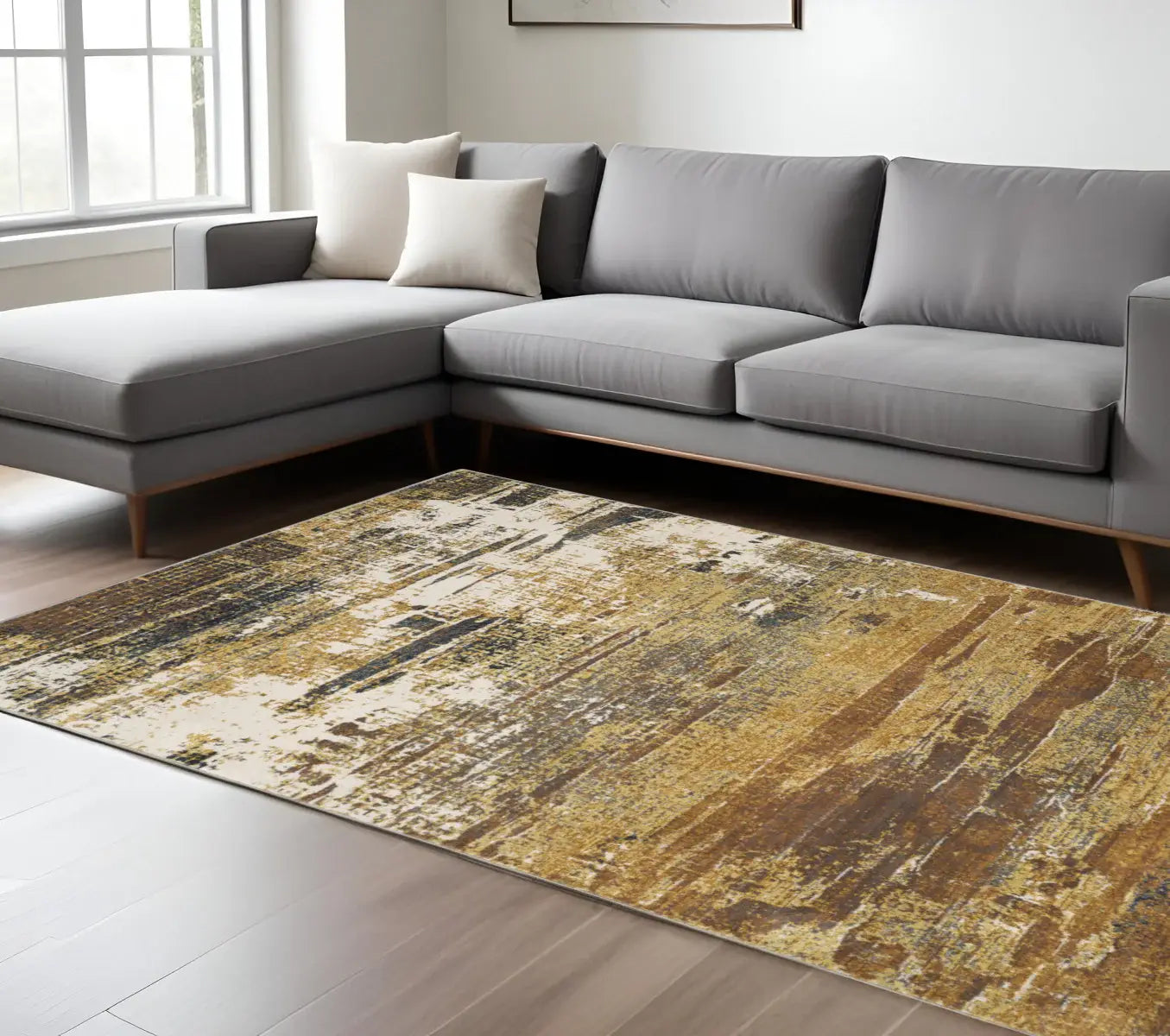 8' X 11' Gold Brown Rust Grey Blue And Beige Abstract Power Loom Stain Resistant Area Rug - Homeroots - Flyclothing LLC