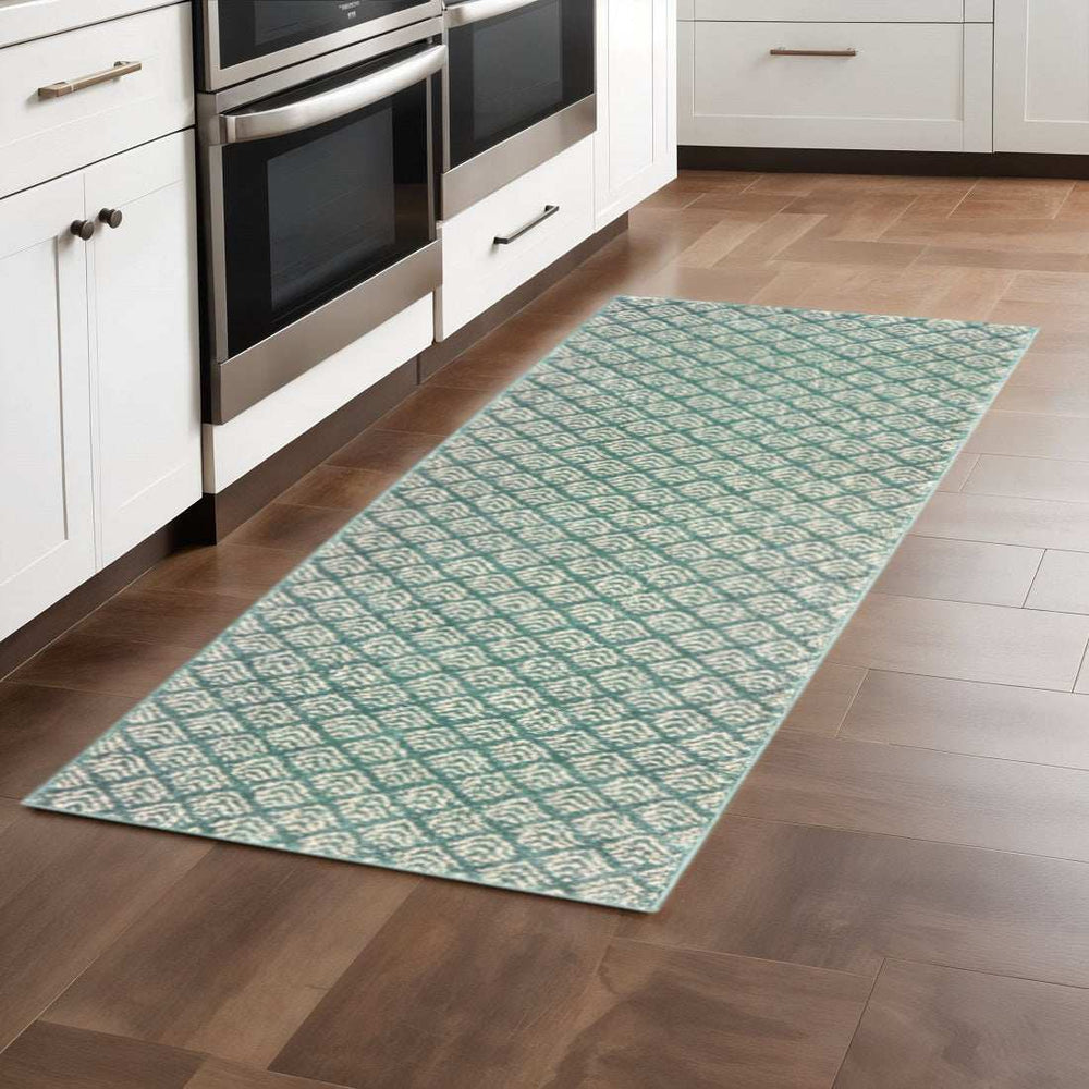 2' X 8' Foam Blue And Ivory Geometric Power Loom Stain Resistant Runner Rug - Homeroots - Flyclothing LLC