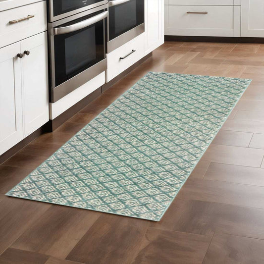 2' X 8' Foam Blue And Ivory Geometric Power Loom Stain Resistant Runner Rug - Homeroots - Flyclothing LLC