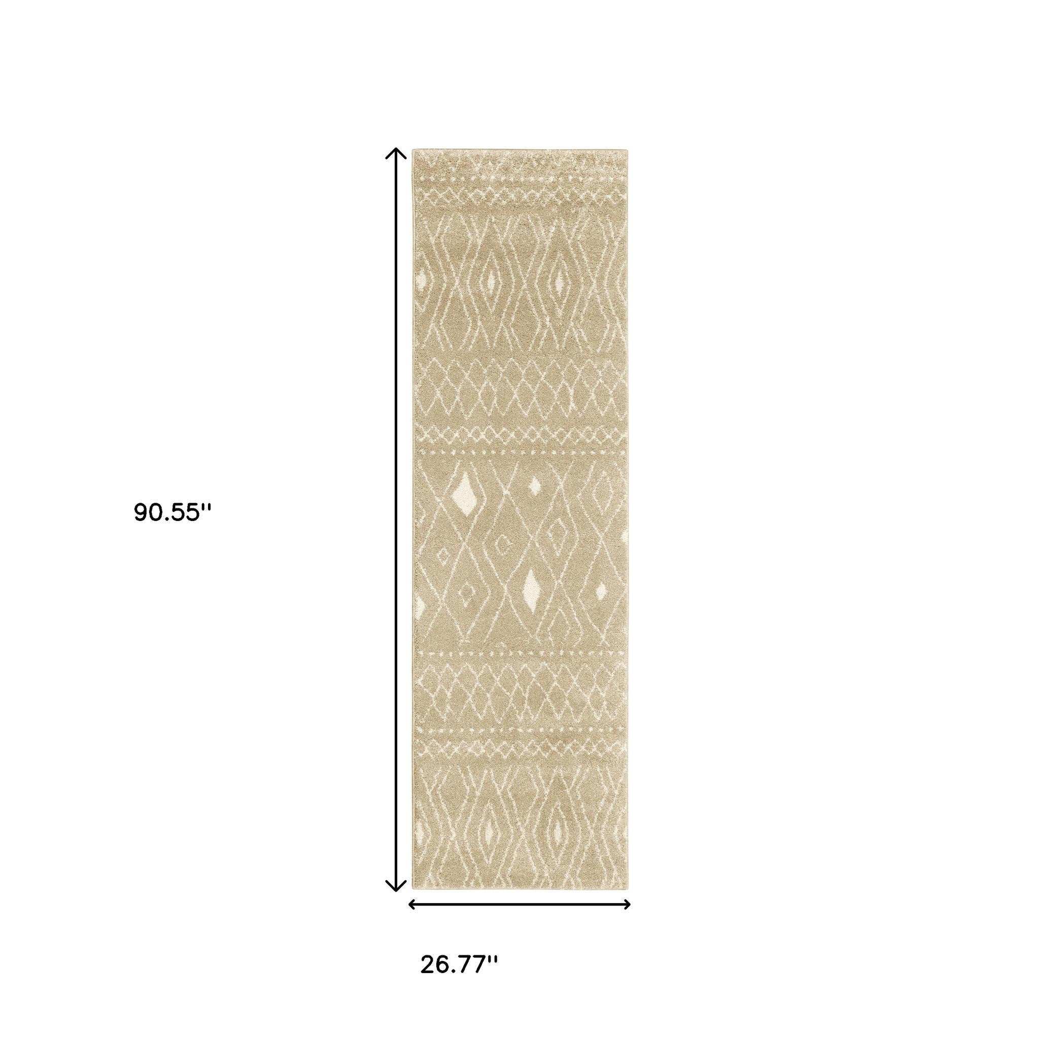 8' Sand And Ivory Geometric Power Loom Runner Rug - Homeroots - Flyclothing LLC