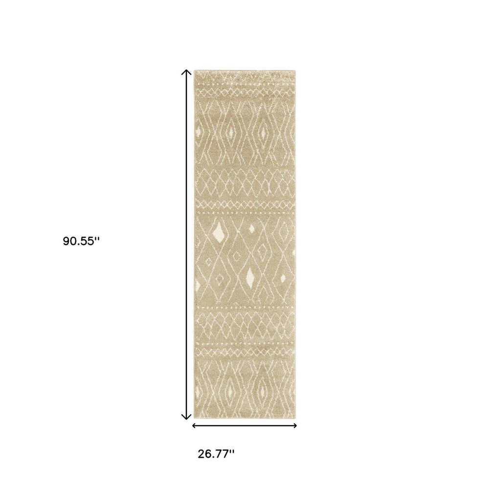 8' Sand And Ivory Geometric Power Loom Runner Rug - Homeroots - Flyclothing LLC