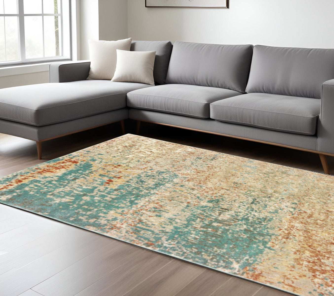 8' X 10' Foam Blue Pumpkin And Golden Yellow Abstract Power Loom Stain Resistant Area Rug - Homeroots - Flyclothing LLC
