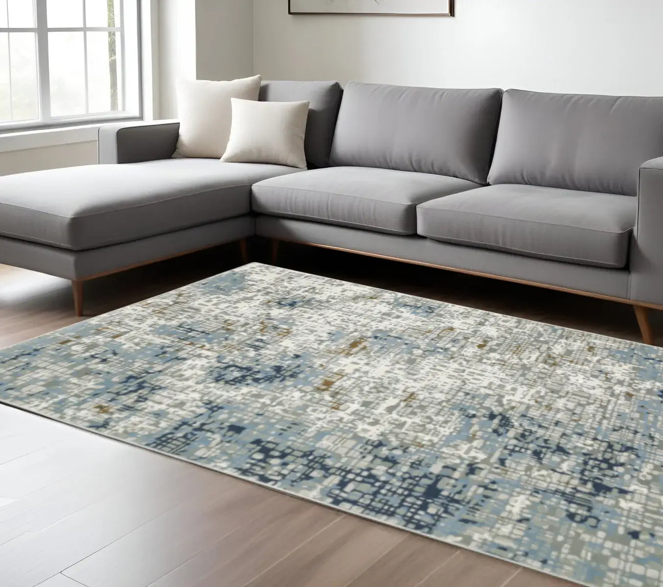 10' X 13' Blue Ivory Grey Brown Beige And Light Blue Abstract Power Loom Stain Resistant Area Rug - Homeroots - Flyclothing LLC