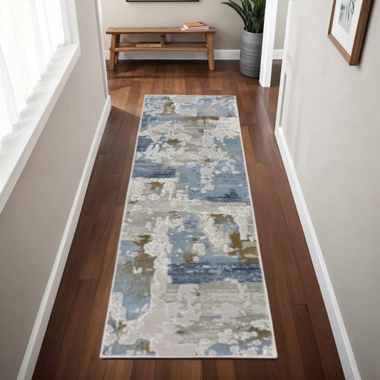 2' X 8' Grey Blue Navy Ivory And Brown Abstract Power Loom Stain Resistant Runner Rug - Homeroots - Flyclothing LLC