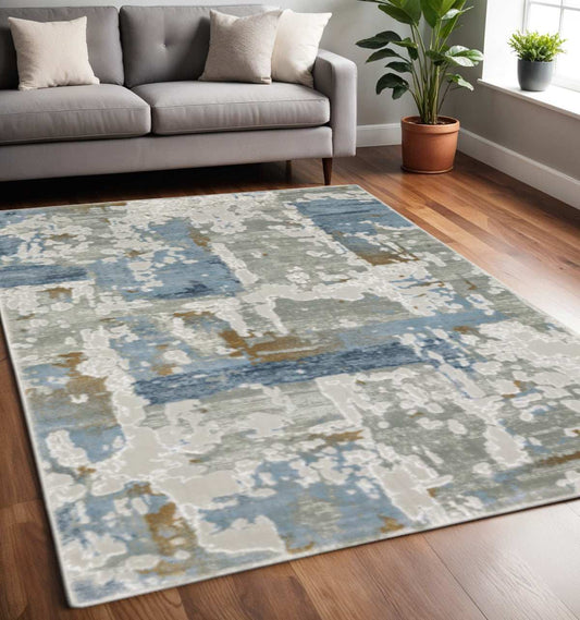 5' X 8' Grey Blue Navy Ivory And Brown Abstract Power Loom Stain Resistant Area Rug - Homeroots - Flyclothing LLC