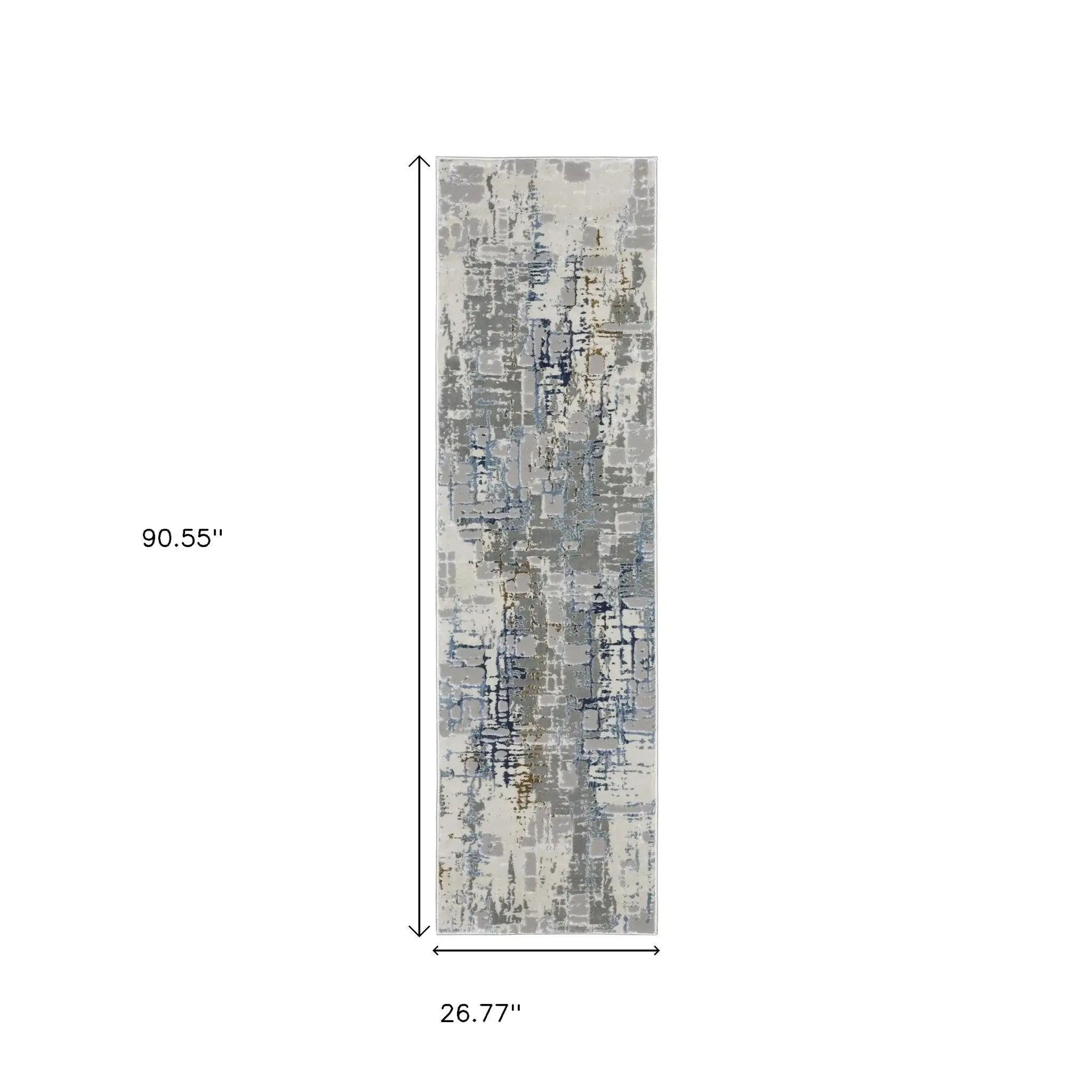 2' X 8' Grey Blue Brown Ivory And Deep Blue Abstract Power Loom Stain Resistant Runner Rug - Homeroots - Flyclothing LLC
