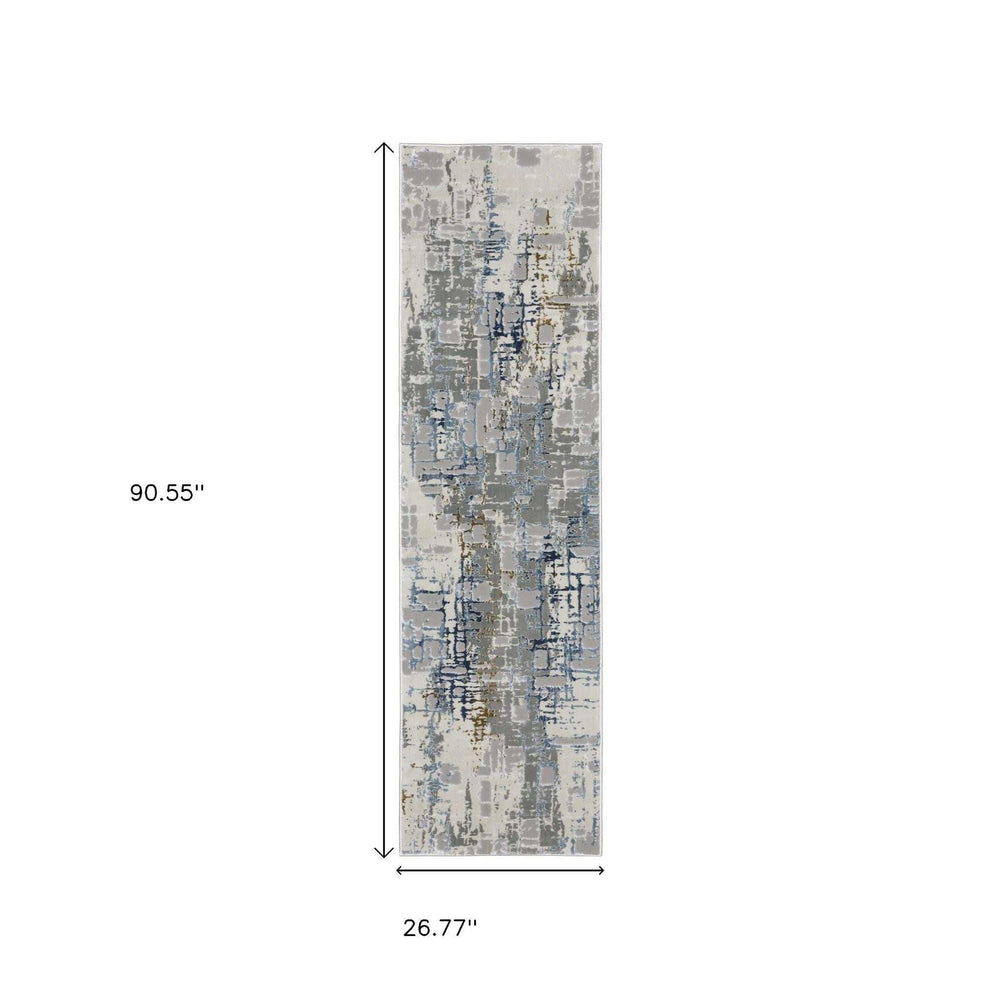 2' X 8' Grey Blue Brown Ivory And Deep Blue Abstract Power Loom Stain Resistant Runner Rug - Homeroots - Flyclothing LLC