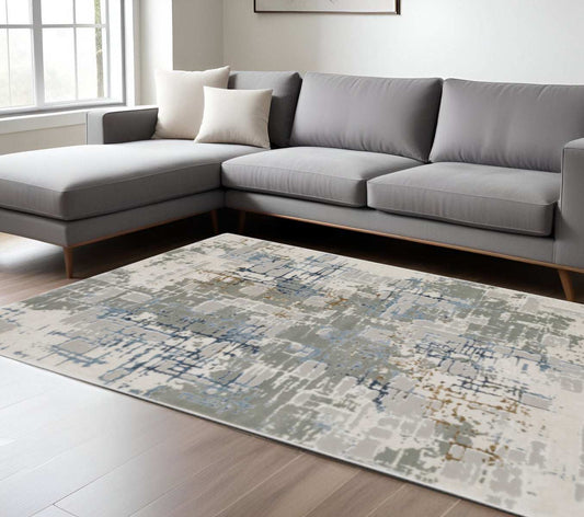 6' X 9' Grey Blue Brown Ivory And Deep Blue Abstract Power Loom Stain Resistant Area Rug - Homeroots - Flyclothing LLC