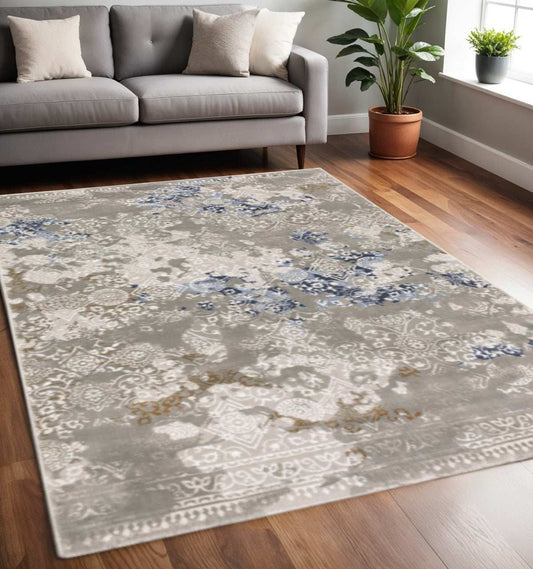 5' X 8' Grey Blue Ivory Brown And Navy Abstract Power Loom Stain Resistant Area Rug - Homeroots - Flyclothing LLC