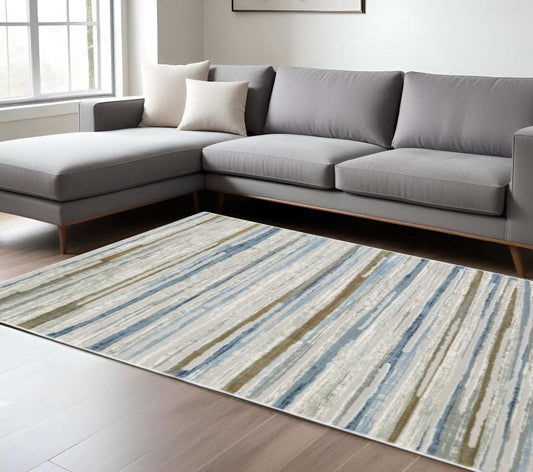6' X 9' Grey Blue Ivory Brown Beige And Navy Abstract Power Loom Stain Resistant Area Rug - Homeroots - Flyclothing LLC