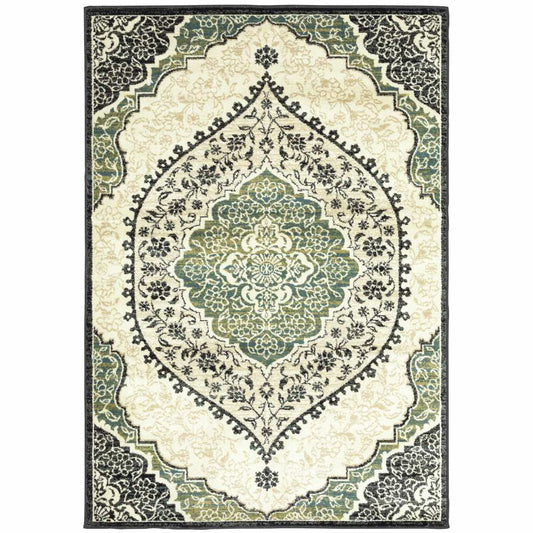 10' X 13' Ivory Navy And Green Oriental Power Loom Stain Resistant Area Rug - Homeroots - Flyclothing LLC
