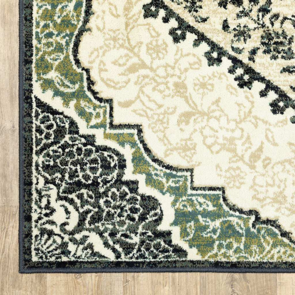 10' X 13' Ivory Navy And Green Oriental Power Loom Stain Resistant Area Rug - Homeroots - Flyclothing LLC