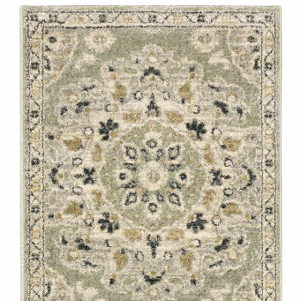 2' X 8' Green Ivory Grey And Tan Floral Power Loom Stain Resistant Runner Rug - Homeroots - Flyclothing LLC