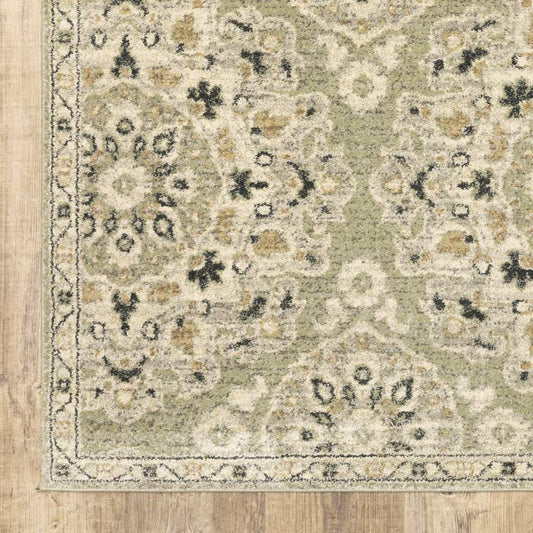2' X 8' Green Ivory Grey And Tan Floral Power Loom Stain Resistant Runner Rug - Homeroots - Flyclothing LLC