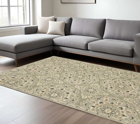 8' X 11' Green Ivory Grey And Tan Floral Power Loom Stain Resistant Area Rug - Homeroots - Flyclothing LLC