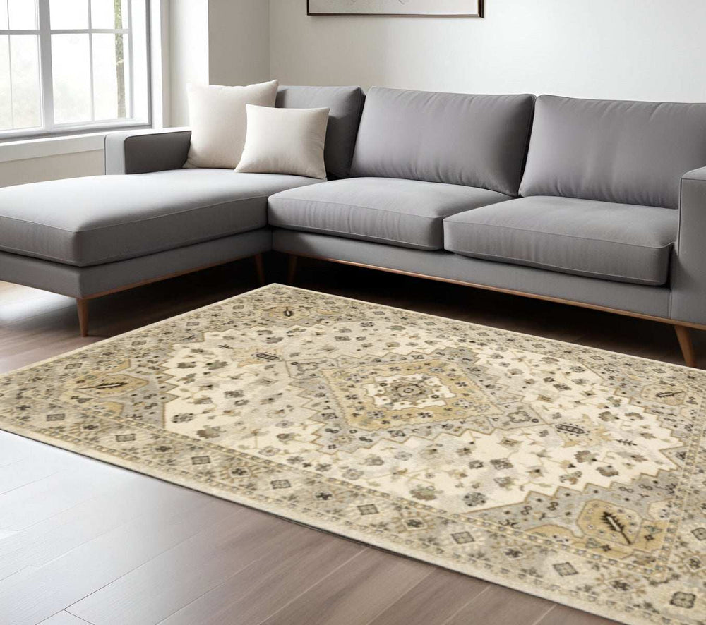 8' X 11' Beige Grey Tan And Brown Oriental Power Loom Stain Resistant Area Rug - Homeroots - Flyclothing LLC