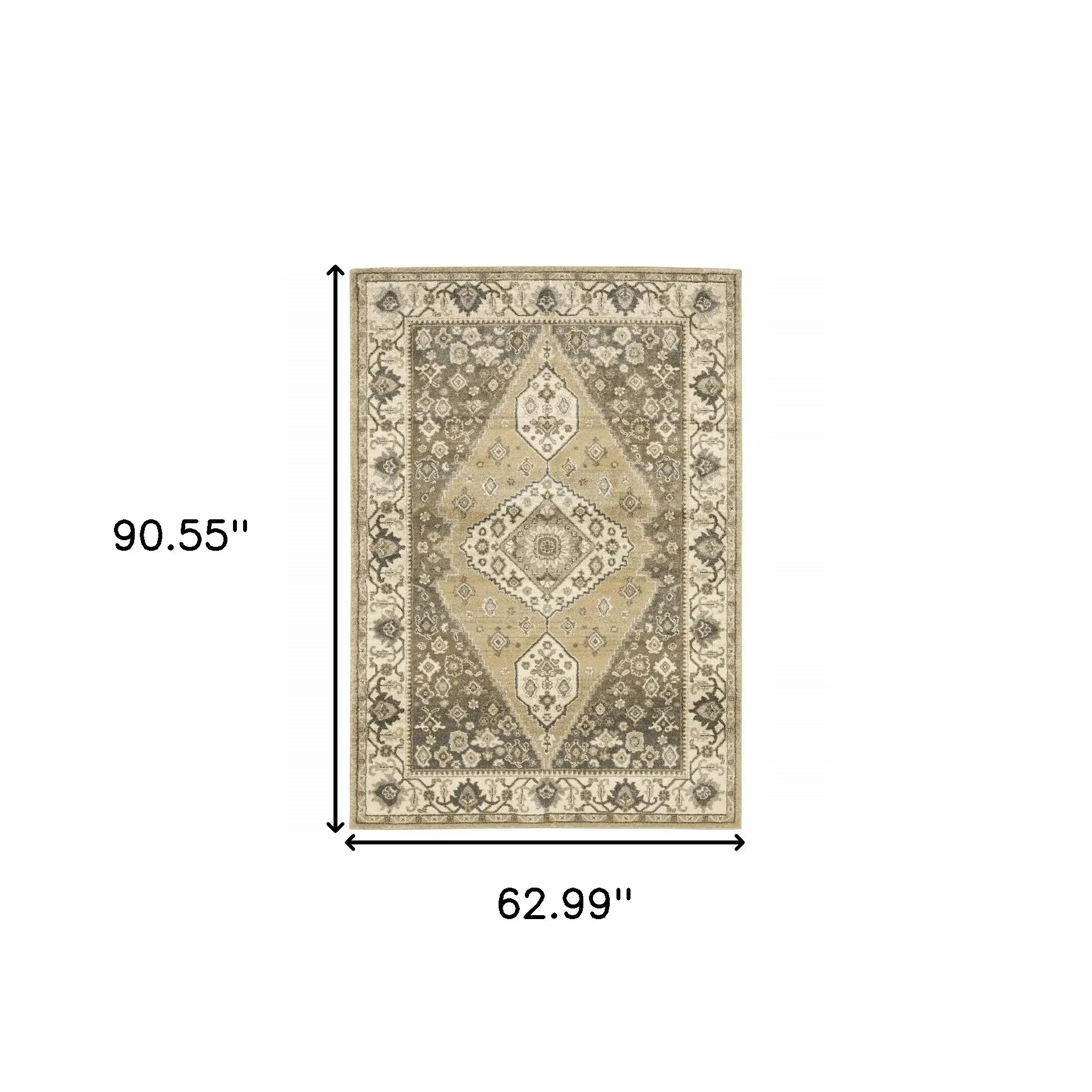 5' X 8' Beige Grey Tan And Charcoal Oriental Power Loom Stain Resistant Area Rug - Homeroots - Flyclothing LLC