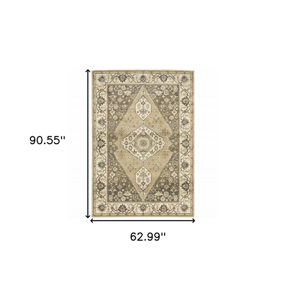5' X 8' Beige Grey Tan And Charcoal Oriental Power Loom Stain Resistant Area Rug - Homeroots - Flyclothing LLC