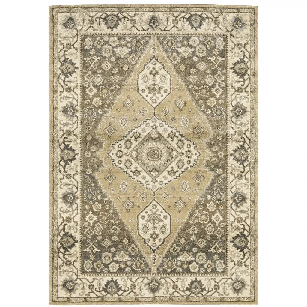 8' X 11' Beige Grey Tan And Charcoal Oriental Power Loom Stain Resistant Area Rug - Homeroots - Flyclothing LLC