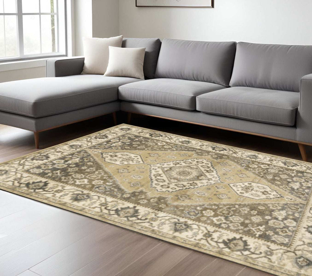 8' X 11' Beige Grey Tan And Charcoal Oriental Power Loom Stain Resistant Area Rug - Homeroots - Flyclothing LLC
