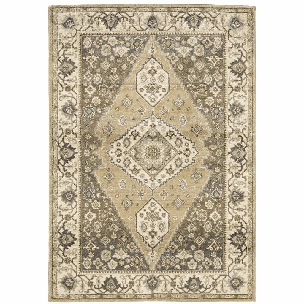 10' X 13' Beige Grey Tan And Charcoal Oriental Power Loom Stain Resistant Area Rug - Homeroots - Flyclothing LLC