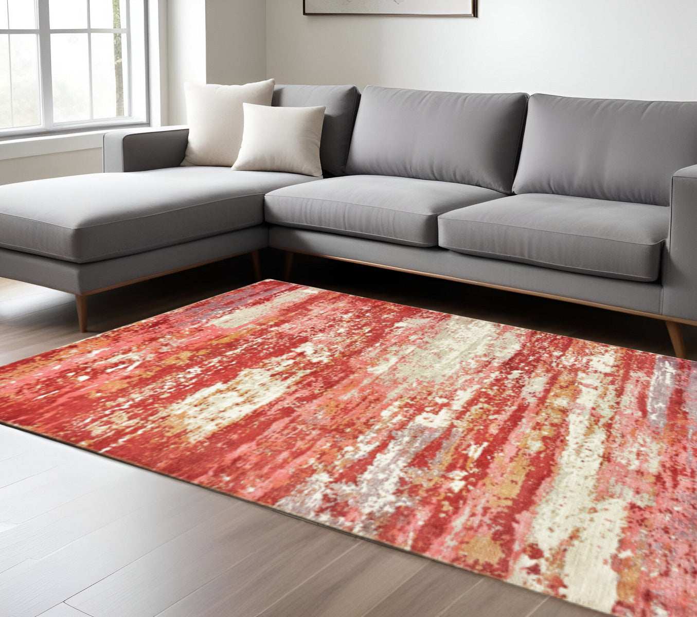 8' X 10' Pink And Red Abstract Hand Loomed Stain Resistant Area Rug - Homeroots - Flyclothing LLC