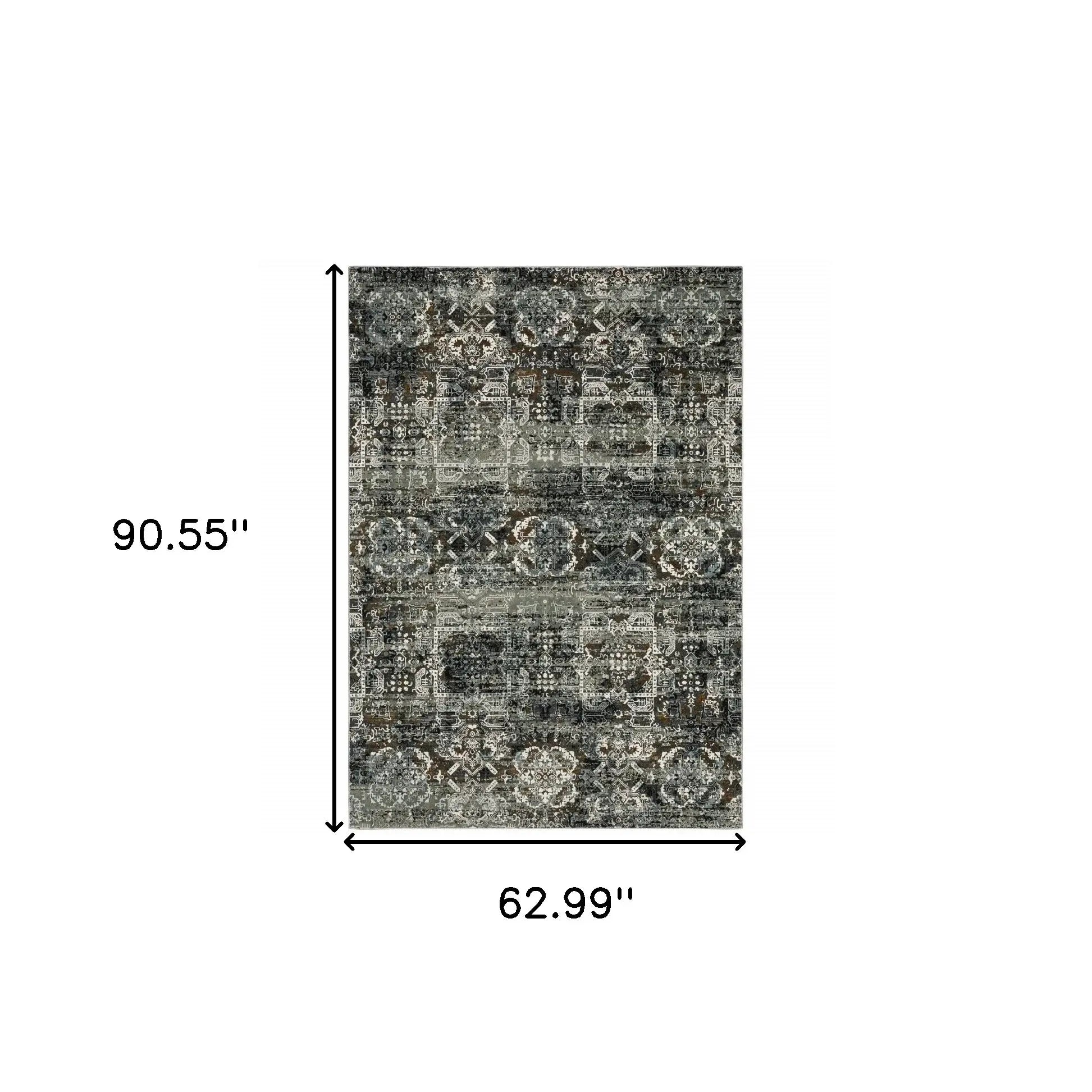 5' X 8' Ivory Charcoal Grey Blue Rust Gold And Brown Oriental Power Loom Stain Resistant Area Rug - Homeroots - Flyclothing LLC