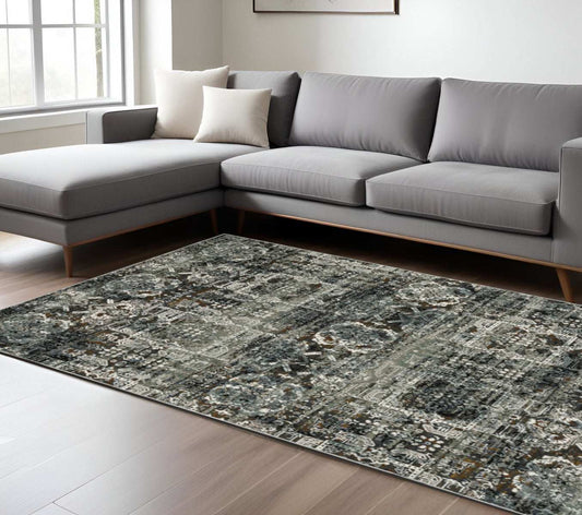 6' X 9' Ivory Charcoal Grey Blue Rust Gold And Brown Oriental Power Loom Stain Resistant Area Rug - Homeroots - Flyclothing LLC