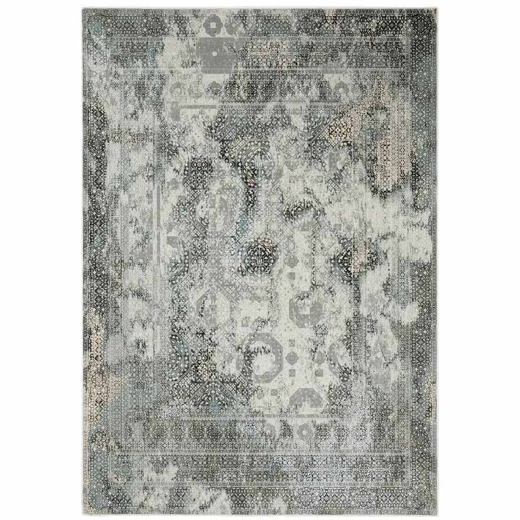 8' X 11' Ivory Grey Charcoal Blue And Rust Oriental Power Loom Stain Resistant Area Rug - Homeroots - Flyclothing LLC