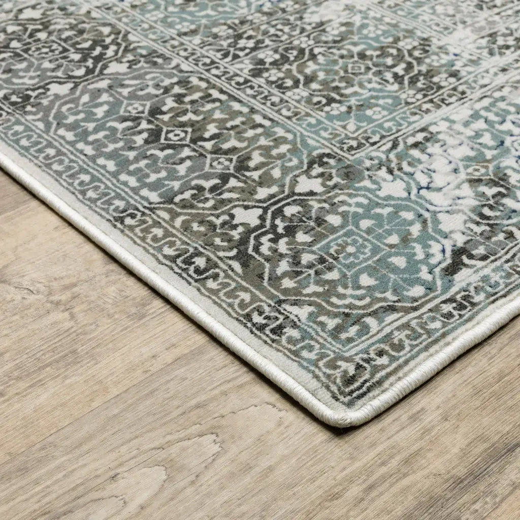 10' X 13' Ivory Grey Charcoal Blue And Rust Oriental Power Loom Stain Resistant Area Rug - Homeroots - Flyclothing LLC