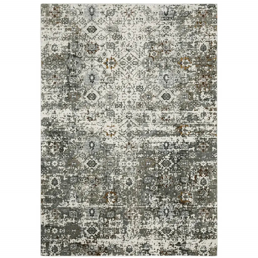 10' X 13' Ivory Grey Charcoal Rust Gold And Brown Oriental Power Loom Stain Resistant Area Rug - Homeroots - Flyclothing LLC