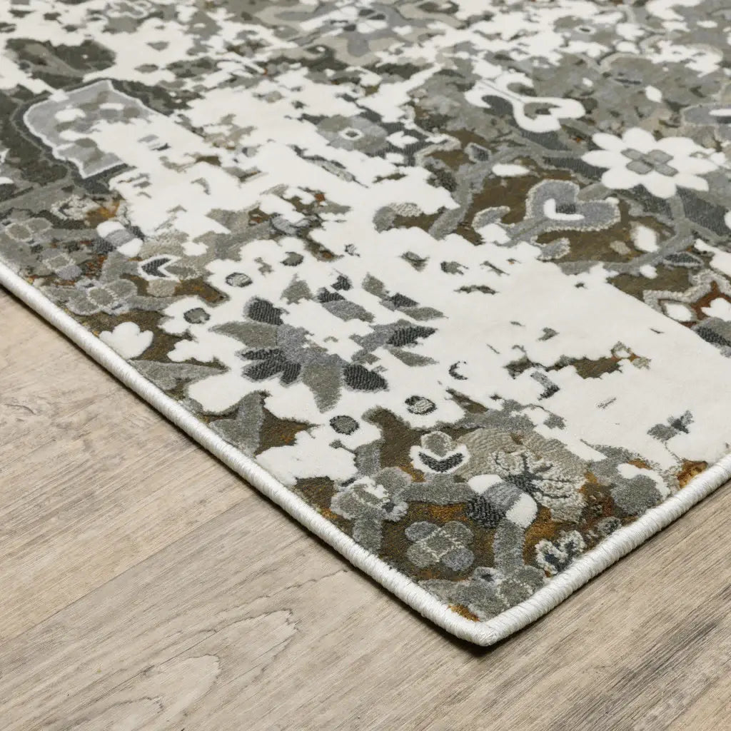 10' X 13' Ivory Grey Charcoal Rust Gold And Brown Oriental Power Loom Stain Resistant Area Rug - Homeroots - Flyclothing LLC