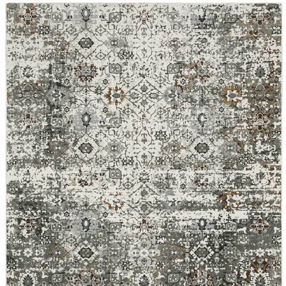 10' X 13' Ivory Grey Charcoal Rust Gold And Brown Oriental Power Loom Stain Resistant Area Rug - Homeroots - Flyclothing LLC