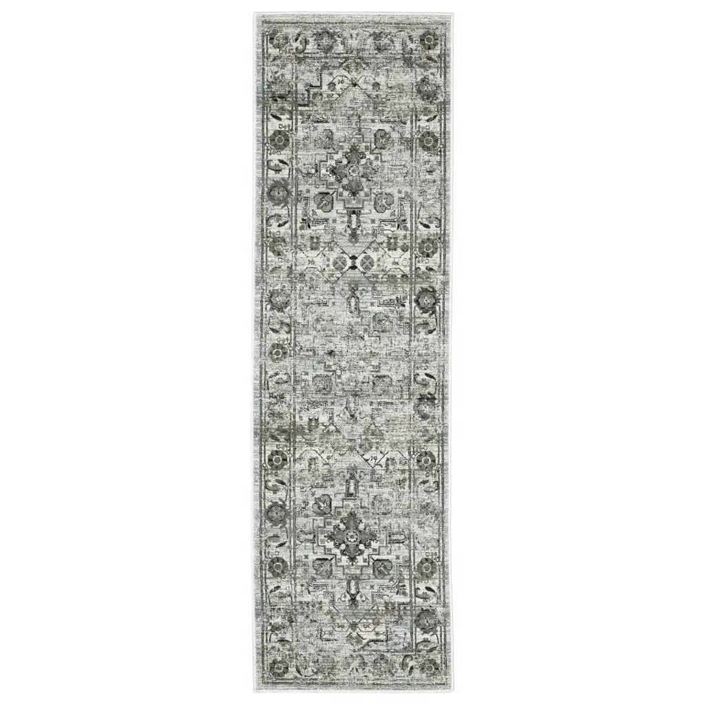 2' X 8' Ivory Grey Charcoal Blue And Taupe Oriental Power Loom Stain Resistant Runner Rug - Homeroots - Flyclothing LLC