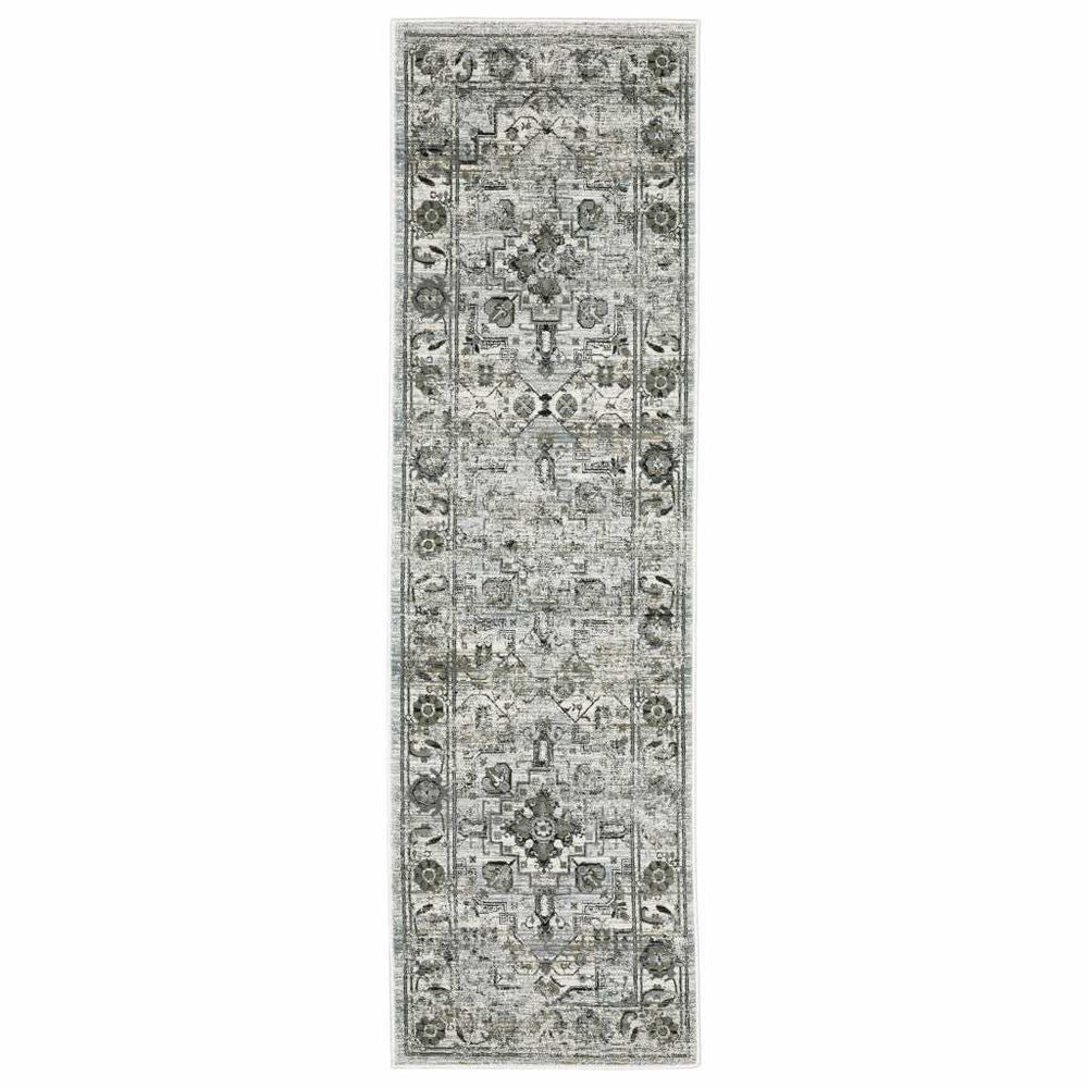 2' X 8' Ivory Grey Charcoal Blue And Taupe Oriental Power Loom Stain Resistant Runner Rug - Homeroots - Flyclothing LLC